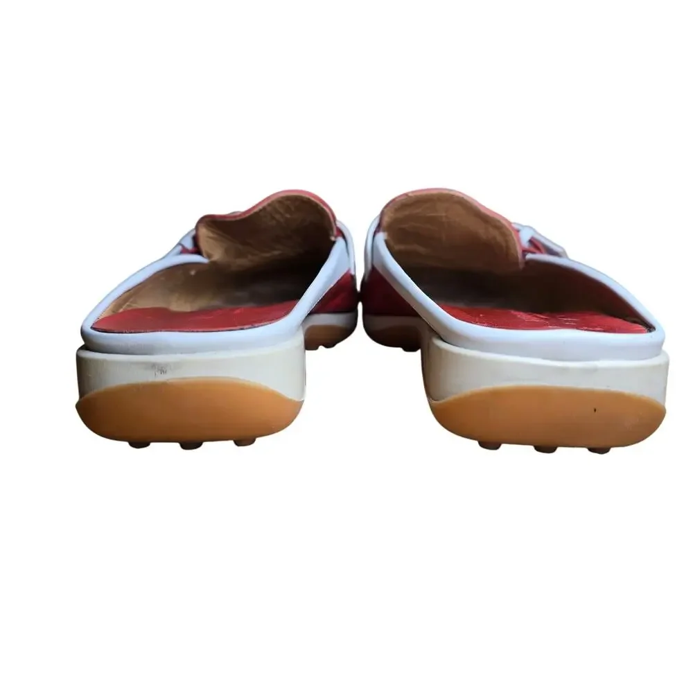 Adrienne Vittadini Mule Slide Slip On Leather Buckle 8.5 Orange White Preppy